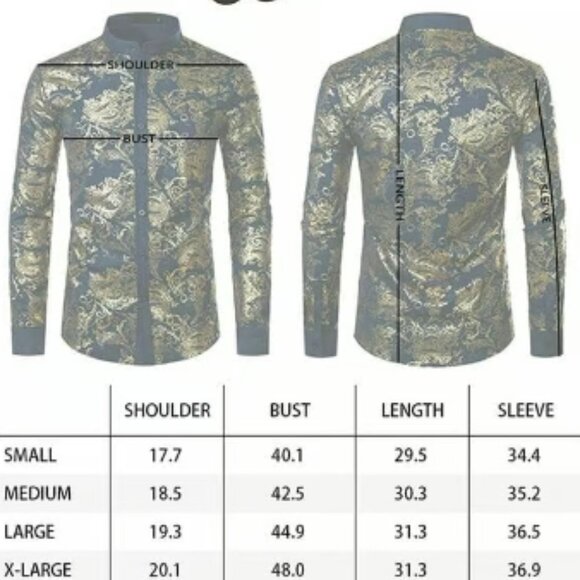 JOGAL Men's Mandarin Button Down Dress Shirt w Metallic Gold Graphics Size M - Picture 7 of 7
